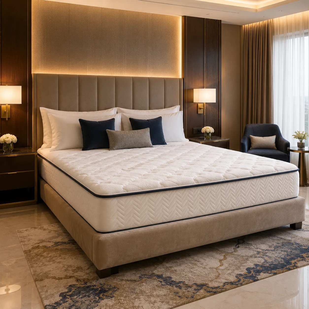 Hotel bedroom made up with a premium mattress